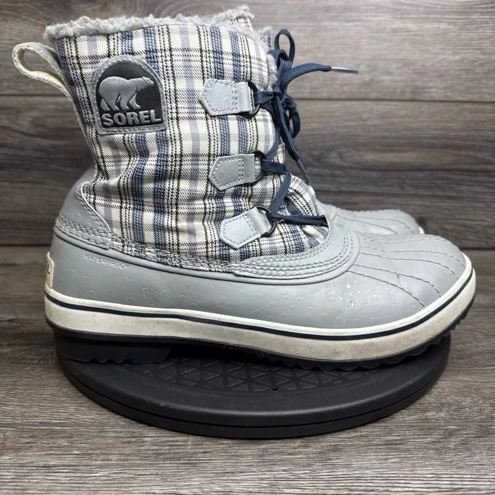 Sorel Tivoli Winter Boots Womans 10.5 Gray Plaid Sherpa Waterproof Warm Snow